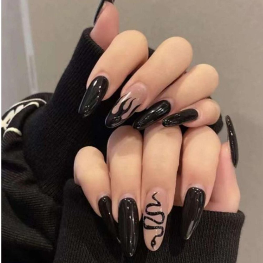 gold tone black cream colored snake and fire gothic punk alt long almond nails
